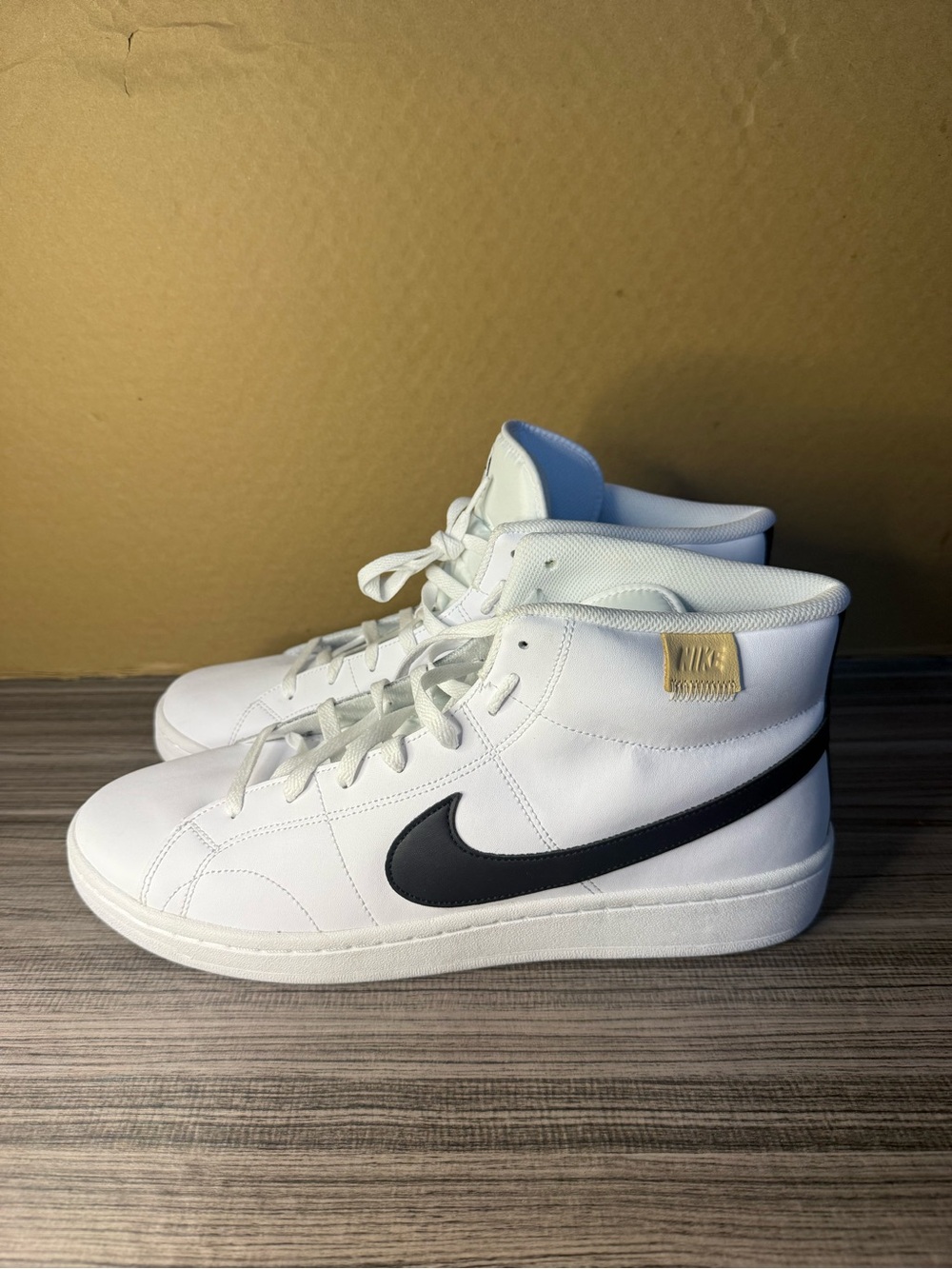 Nike White High-Top court royal Sneakers with Black Swoosh and Gold Tag